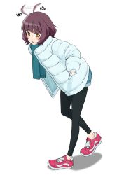 Rule 34 | 1girl, ahoge, alternate costume, black pants, blue scarf, blue shorts, blunt bangs, brown eyes, brown hair, commentary request, down jacket, full body, hands in pockets, highres, jacket, kantai collection, kishinami (kancolle), leaning forward, leggings, living hair, looking at viewer, mikan 29344886, pants, red footwear, scarf, shoes, short hair, shorts, simple background, sneakers, solo, wavy hair, white background, winter clothes