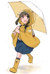 Rule 34 | 1girl, absurdres, black hair, black socks, blue skirt, blush, boots, fubuki (kancolle), full body, green eyes, highres, holding, holding umbrella, kantai collection, kneehighs, long sleeves, ma rukan, open mouth, pleated skirt, raincoat, rubber boots, short hair, signature, skirt, smile, socks, solo, umbrella, wide sleeves, yellow footwear, yellow raincoat