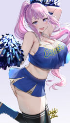 Rule 34 | 1girl, arm up, artist name, ass, bare arms, bare shoulders, black thighhighs, blue eyes, blue footwear, blue skirt, blush, breasts, cheerleader, cleavage, collarbone, eyebrows, eyebrows hidden by hair, female focus, floating hair, from side, happy, highres, holding, holding pom poms, large breasts, long hair, looking at viewer, miniskirt, oekakizuki, open mouth, original, parted lips, pom pom (cheerleading), pom poms, ponytail, purple background, purple hair, signature, simple background, skindentation, skirt, sleeveless, smile, solo, stomach, tank top, teeth, thick thighs, thighhighs, thighs, tongue, very long hair, zettai ryouiki