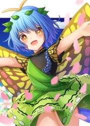 Rule 34 | 1girl, antennae, aqua hair, artist name, blush, butterfly wings, cowboy shot, dress, eternity larva, fairy, green dress, hair between eyes, highres, insect wings, leaf, leaf on head, multicolored clothes, multicolored dress, open mouth, orange eyes, outstretched arms, short hair, short sleeves, signature, smile, solo, spread arms, touhou, twitter username, wings, yu cha