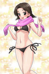 Rule 34 | 1girl, :d, artist name, bikini, black bikini, blush, breasts, brown eyes, brown hair, cleavage, commentary, cursive, dated, fringe trim, girls und panzer, light particles, looking at viewer, matsui yasutsugu, medium breasts, navel, one-hour drawing challenge, open mouth, parted bangs, purple scarf, sawa azusa, scarf, short hair, side-tie bikini bottom, signature, skindentation, smile, solo, standing, string bikini, swimsuit, w arms, yellow background
