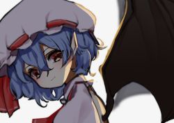 Rule 34 | 1girl, absurdres, bat wings, blue hair, blurry, blush, closed mouth, crossed bangs, depth of field, dress, fang, fang out, from side, hair behind ear, hair between eyes, head tilt, highres, light smile, looking at viewer, pocche-ex, pointy ears, red eyes, red neckwear, remilia scarlet, short hair, simple background, skin fang, solo, touhou, upper body, white background, white dress, white headwear, wings