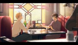 Rule 34 | 2boys, ahoge, america (hetalia), axis powers hetalia, black hair, blonde hair, blue kimono, blush, booth seating, denim, diner, drinking straw, eating, food, framed image, glass, glasses, hanging light, highres, holding, holding food, ice cream, indoors, japan (hetalia), japanese clothes, jeans, kimono, laughing, letterboxed, looking at another, male focus, multiple boys, napkin, napkin holder, necktie, pants, pcpc onaka, red necktie, restaurant, shirt, sitting, stained glass, tongue, tongue out, white shirt, yukata