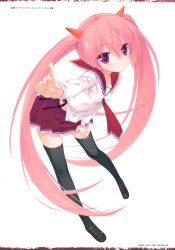 Rule 34 | 1girl, absurdres, black thighhighs, blush, hair ornament, hidan no aria, highres, kanzaki h. aria, kobuichi, loafers, long hair, long sleeves, looking at viewer, official art, pink hair, pleated skirt, pointing, red eyes, red skirt, scan, school uniform, serafuku, shoes, simple background, skirt, solo, thighhighs, translation request, twintails, very long hair, white background, zettai ryouiki