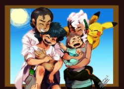 Rule 34 | 1girl, 3boys, ash ketchum, bare arms, black hair, blush, burnet (pokemon), carrying, clenched teeth, closed eyes, closed mouth, collarbone, creatures (company), dark-skinned male, dark skin, day, game freak, gen 1 pokemon, grey pants, highres, hug, hug from behind, kukui (pokemon), lab coat, lei (pokemon), looking back, multiple boys, nintendo, on shoulder, open mouth, pants, pikachu, pokemon, pokemon (anime), pokemon (creature), pokemon journeys, pokemon on shoulder, pokemon sm (anime), shirt, short sleeves, shorts, signature, sleeves rolled up, smile, sorachi (kimyonetwins), spoilers, sun, t-shirt, teeth, tongue, white hair, white shirt