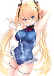 Rule 34 | 1girl, absurdres, arm up, armpits, azur lane, black ribbon, blonde hair, blue eyes, blue one-piece swimsuit, bottle, bow, bowtie, breasts, cowboy shot, dead or alive, dead or alive 5, frilled swimsuit, frills, hair ornament, hair ribbon, highres, holding, holding bottle, large breasts, long hair, looking at viewer, marie rose, marie rose (devilish servant against the splashing waves), one-piece swimsuit, pouring, pouring onto self, red bow, red bowtie, ribbon, simple background, solo, swimsuit, teltelhousi, twintails, very long hair, water, water bottle, white background, x hair ornament