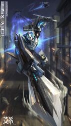 Rule 34 | battle, building, city, company name, crossover, holding, holding sword, holding weapon, icey-xcee, icey (game), iron saga, mecha, night, no humans, official art, robot, sword, third-party source, weapon