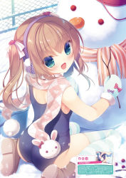 Rule 34 | 1girl, ass, blue eyes, blue thighhighs, boots, brown footwear, brown hair, carrot, chain-link fence, earmuffs, fence, from behind, highres, long hair, looking back, mittens, one-piece swimsuit, open mouth, original, outdoors, pink scarf, ribbon, scarf, school swimsuit, smile, snow, snowman, solo, stick, striped clothes, striped thighhighs, swimsuit, thighhighs, twintails, white mittens, yukie (peach candy)