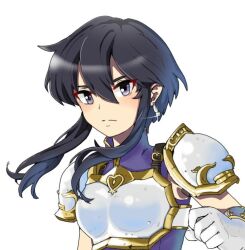 Rule 34 | 1girl, armor, belt, black hair, breastplate, close-up, earrings, fire emblem, fire emblem: genealogy of the holy war, gloves, hair between eyes, holding, holding sword, holding weapon, jewelry, larcei (fire emblem), looking at viewer, meriaiwaki fe, nintendo, purple tunic, short hair, shoulder armor, sidelocks, solo, sword, tomboy, tunic, weapon, white background
