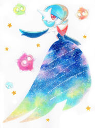Rule 34 | 1girl, @ @, alternate color, arm at side, arm up, bare shoulders, blue dress, blue gloves, blue hair, bob cut, closed mouth, colored skin, creatures (company), dot mouth, dress, elbow gloves, expressionless, female focus, flat chest, full body, galaxy, game freak, gardevoir, gen 3 pokemon, gen 7 pokemon, gloves, hair over one eye, highres, long dress, looking to the side, mega gardevoir, mega pokemon, meteor shower, minior, minior (blue core), minior (core), minior (green core), minior (orange core), minior (red core), nintendo, one eye covered, outstretched arm, pokemon, pokemon (creature), projected inset, red eyes, shiny pokemon, shooting star, short hair, simple background, sky, solo focus, space, standing, star (sky), star (symbol), starry background, starry sky, strapless, strapless dress, traditional media, upside-down, white background, white skin, yuka (yukaaaaaaa0705)