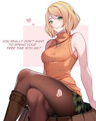 Rule 34 | 1girl, arm support, armpit peek, ashley graham, bare arms, bare shoulders, blonde hair, breasts, brown footwear, brown pantyhose, closed mouth, commentary, crossed legs, drum (container), english text, green skirt, heart, highres, large breasts, light smile, looking at viewer, miniskirt, multicolored background, noodychaan, orange sweater, pantyhose, plaid, plaid skirt, pleated skirt, resident evil, resident evil 4, resident evil 4 (remake), short hair, sitting, sitting on drum, skirt, sleeveless, sleeveless turtleneck, solo, sweater, torn clothes, torn pantyhose, translated, turtleneck