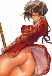Rule 34 | 1girl, ass, blue eyes, bottomless, brown hair, canopri comic, chinese clothes, comic anthurium, cyril brooklyn, dress, glasses, gun, highres, lelouch aberry, looking at viewer, looking back, maid headdress, no panties, open mouth, shiny skin, shirou masamune, short hair, solo, weapon
