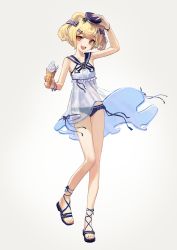 Rule 34 | 1girl, :d, absurdres, animal ears, arknights, arm up, bare arms, bare legs, bare shoulders, bear ears, blonde hair, blue hat, blue sailor collar, commentary request, dress, food, full body, grey background, gummy (arknights), gummy (summer flowers) (arknights), hat, highres, holding, holding food, ice cream, ice cream cone, looking at viewer, mini hat, official alternate costume, open mouth, orange eyes, sailor collar, sandals, short hair, simple background, sleeveless, sleeveless dress, smile, solo, twintails, white dress, yoon cook