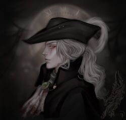 Rule 34 | 1girl, ascot, azur (cryhollow), blood, blood on clothes, blood stain, bloodborne, coat, gem, green gemstone, hat, hat feather, lady maria of the astral clocktower, long hair, looking to the side, ponytail, resolution mismatch, simple background, solo, source larger, tricorne, white eyes, white hair