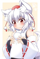 Rule 34 | 1girl, animal ear fluff, animal ears, bare shoulders, black skirt, blush, breasts, detached sleeves, embarrassed, hat, highres, inubashiri momiji, looking down, pom pom (clothes), red eyes, ribbon-trimmed sleeves, ribbon trim, shirt, short hair, silver hair, skirt, sleeveless, sleeveless shirt, small breasts, solo, sweatdrop, tachi yure, tail, tokin hat, touhou, turtleneck, white shirt, wolf ears, wolf tail