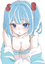 Rule 34 | 0002koko, 1girl, absurdres, arm support, bare shoulders, blue eyes, blue hair, blue jacket, blunt bangs, blush, bra, breasts, cleavage, commentary request, eyelashes, foreshortening, hair bobbles, hair ornament, highres, jacket, kawashiro nitori, kneeling, large breasts, leaning forward, lips, medium breasts, medium hair, nose blush, open clothes, open jacket, parted lips, shy, simple background, sketch, solo, tears, touhou, tsurime, two side up, underwear, white background, white bra