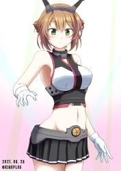 Rule 34 | 1girl, absurdres, artist name, breasts, brown hair, commentary request, cowboy shot, crop top, dated, gloves, gradient background, green eyes, hairband, headgear, highres, hiqu, kantai collection, large breasts, midriff, miniskirt, mutsu (kancolle), pink background, radio antenna, short hair, skirt, solo, standing, white background, white gloves