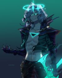Rule 34 | 1boy, abs, absurdres, artist name, belt, black belt, black jacket, black pants, black sclera, collarbone, colored sclera, cookie3w3, cowboy shot, gauntlets, glowing, glowing eyes, gradient background, green background, grey hair, hair ornament, highres, hole in chest, hole on body, jacket, league of legends, male focus, medium hair, navel, open clothes, open jacket, pants, ruined (league of legends), solo, sword, viego (league of legends), weapon