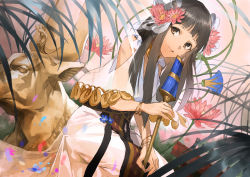 Rule 34 | 1girl, absurdres, bracelet, brown eyes, brown hair, closed mouth, clothing cutout, dark-skinned female, dark skin, detached collar, dress, egyptian clothes, fate/grand order, fate/prototype, fate/prototype: fragments of blue and silver, fate (series), flower, hair flower, hair ornament, highres, holding, jewelry, long hair, looking at viewer, nefertari (fate), seomouse, shoulder cutout, sitting, smile, tassel, white dress