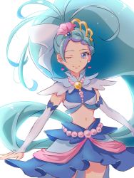 Rule 34 | 1girl, ahoge, aqua hair, blue eyes, blue skirt, commentary, crop top, cure mermaid, detached sleeves, earrings, english commentary, eyelashes, fpminnie1, go! princess precure, hair ornament, highres, jewelry, kaidou minami, long hair, long sleeves, looking at viewer, magical girl, midriff, miniskirt, multicolored hair, navel, one eye closed, parted bangs, pleated skirt, ponytail, precure, purple hair, simple background, sketch, skirt, solo, streaked hair, two-tone hair, very long hair, white background, white sleeves