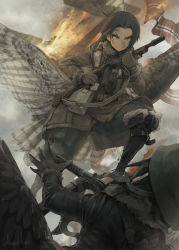Rule 34 | 1girl, aircraft, airplane, angry, asterisk kome, biplane, dirty, feathered wings, feathers, flag, frown, gloves, grey sky, gun, helmet, highres, jacket, low wings, military, military uniform, monster girl, original, signature, sky, smoke, soldier, submachine gun, thompson submachine gun, uniform, v-shaped eyebrows, weapon, winged fusiliers, wings