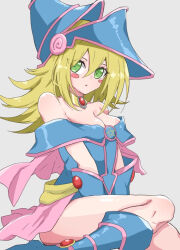 Rule 34 | 1girl, bare shoulders, blonde hair, blue footwear, blue gloves, blue hat, blush stickers, boots, breasts, cleavage, commentary request, dark magician girl, eyelashes, gem, gloves, green eyes, grey background, hair between eyes, hat, knees, long hair, monmon (monmon k18), parted lips, red gemstone, sitting, solo, yu-gi-oh!