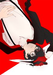 Rule 34 | 1boy, amamiya ren, bad id, bad pixiv id, black-framed eyewear, black eyes, black hair, black jacket, glasses, gloves, hand on own stomach, holding, holding knife, jacket, knife, long sleeves, looking at viewer, lying, male focus, on back, open clothes, open jacket, parted lips, persona, persona 5, red background, red gloves, school uniform, shuujin academy school uniform, single glove, solo, suspenders, sweater, upper body, upside-down, white sweater, yasuu!
