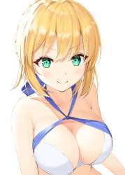 Rule 34 | 1girl, :&gt;, absurdres, alternate breast size, animal ears, artoria pendragon (all), artoria pendragon (fate), artoria pendragon (swimsuit archer) (first ascension) (fate), bikini, blonde hair, blue ribbon, blush, breasts, cleavage, closed mouth, collarbone, fate/grand order, fate (series), hair ribbon, highres, hiyoko (pixiv16803940), ribbon, saber (fate), short hair, simple background, small breasts, smile, solo, swimsuit, upper body, v-shaped eyebrows, white background, white bikini