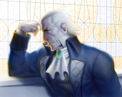 Rule 34 | 1boy, ace attorney, algorithmus, ascot, backlighting, popped collar, earrings, high collar, jewelry, male focus, manfred von karma, old, old man, solo, stud earrings, upper body, white hair