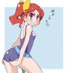 Rule 34 | 10s, 1girl, adjusting clothes, adjusting swimsuit, angry, blush, bow, brown eyes, embarrassed, hair bow, hannah england, hys-d, little witch academia, long hair, looking at viewer, ponytail, red hair, sash, school swimsuit, solo, swimsuit, tears, teeth