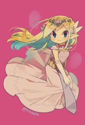 Rule 34 | 1girl, artist name, belt, blonde hair, blush, closed mouth, commentary request, dress, floating hair, gloves, hair ornament, highres, jewelry, long hair, necklace, nintendo, pink background, pointy ears, princess zelda, purple dress, simple background, smile, solo, the legend of zelda, the legend of zelda: the wind waker, tiara, tokuura, toon zelda, twitter username, watermark