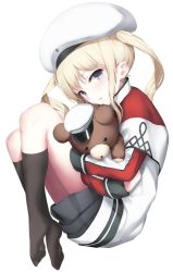 Rule 34 | 10s, 1girl, aged down, bad id, bad twitter id, beret, black skirt, blonde hair, blue eyes, capelet, commentary, fueru nattou, graf zeppelin (kancolle), hat, inactive account, kantai collection, kneehighs, knees up, long sleeves, looking at viewer, military hat, hugging object, parted lips, simple background, skirt, socks, soles, solo, stuffed animal, stuffed toy, teddy bear, twintails, wavy hair, white background
