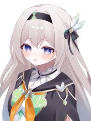 Rule 34 | 1girl, black bow, black hairband, black jacket, blush, bow, commentary, firefly (honkai: star rail), grey hair, hair bow, hair ornament, hairband, highres, honkai: star rail, honkai (series), jacket, kino (curry pan), long hair, looking at viewer, neckerchief, open mouth, purple eyes, simple background, solo, upper body, very long hair, white background, yellow neckerchief