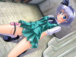 Rule 34 | 1girl, ahoge, angry, arms behind back, bathroom, black bow, black bowtie, black footwear, black hairband, blue eyes, blush, bow, bowtie, breasts, clenched teeth, controller, dutch angle, embarrassed, female focus, green skirt, green vest, hairband, indoors, kneehighs, kneeling, konpaku youmu, looking at viewer, miniskirt, onna kishi no shiro, pleated skirt, pussy juice, remote control, remote control vibrator, sex toy, shiny skin, shirt, shoes, short hair, short sleeves, silver hair, skirt, small breasts, socks, solo, sweat, teeth, thigh strap, toilet, touhou, urinal, vest, vibrator, vibrator cord, white shirt, white socks