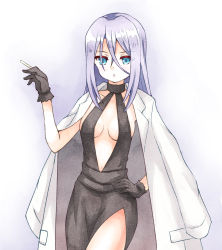 Rule 34 | 1girl, aosoi shiiko, black dress, black gloves, blue eyes, center opening, cigarette, coat, coat on shoulders, dress, gakkou gurashi!, gloves, hair between eyes, hand on own hip, highres, holding, holding cigarette, lab coat, looking at viewer, ma tsukasa, open mouth, solo, white hair