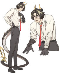 Rule 34 | 1boy, absurdres, adjusting clothes, adjusting necktie, arknights, arm tattoo, black hair, blonde hair, chong yue (arknights), closed mouth, collared shirt, cropped legs, dragon boy, dragon horns, dragon tail, full body, hand up, highres, horns, ju neng binggui, long sleeves, long tail, looking at viewer, male focus, multicolored hair, multiple views, necktie, red eyes, red necktie, shirt, short hair, simple background, smile, standing, streaked hair, tail, tattoo, white background