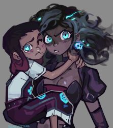 Rule 34 | 2girls, angry, artist name, black hair, blush, breasts, bumblesteak, child, commentary, dark-skinned female, dark skin, dreadlocks, earrings, english commentary, english text, green eyes, grey background, highres, holding, hug, jewelry, leandra (bumblesteak), long hair, looking at viewer, multicolored hair, multiple girls, necromancer, nose, open mouth, original, overalls, skull earrings, snot, streaked hair, tears
