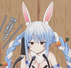 Rule 34 | 1girl, :|, absurdres, animal ear fluff, animal ears, bare shoulders, black gloves, blue hair, blurry, blurry background, carrot hair ornament, closed mouth, depth of field, don-chan (usada pekora), food-themed hair ornament, gloves, hair ornament, hand on own ear, hand up, highres, hololive, jitome, mame rakko, microphone, multicolored hair, rabbit ears, rabbit girl, red eyes, scarf, solo, translation request, twintails, two-tone hair, upper body, usada pekora, usada pekora (1st costume), virtual youtuber, white hair