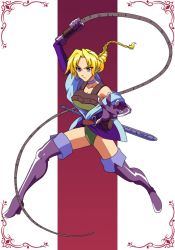 Rule 34 | 1girl, blonde hair, blue eyes, boots, castlevania (series), castlevania legends, full body, gloves, konami, legs, leotard, looking at viewer, ponytail, solo, sonia belmont, sword, weapon, whip