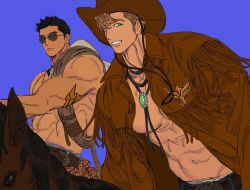 Rule 34 | 2boys, adam&#039;s apple, alternate costume, ao isami, bara, bare pectorals, black hair, blonde hair, couple, cowboy hat, cowboy western, facial hair, hair over one eye, haohaoci, hat, highres, large pectorals, lewis smith, looking at viewer, male focus, multiple boys, muscular, muscular male, pectorals, sash, sideburns stubble, stubble, sunglasses, thick eyebrows, three quarter view, topless male, yaoi, yuuki bakuhatsu bang bravern