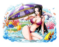 Rule 34 | 1girl, arm support, bikini, black hair, blue eyes, boa hancock, bodskih, breasts, cleavage, collarbone, earrings, finger to mouth, fish, hip focus, jewelry, large breasts, long hair, looking at viewer, o-ring, o-ring bikini, one piece, one piece treasure cruise, open mouth, red bikini, sitting, snake earrings, solo, swimsuit, thighs, transparent background, very long hair