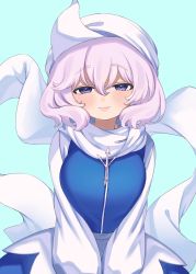 Rule 34 | 1girl, blue background, blue dress, blue eyes, breasts, dress, e sdss, highres, letty whiterock, light smile, looking at viewer, medium breasts, pink hair, scarf, short hair, solo, touhou, upper body, white headwear, white scarf