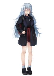 Rule 34 | 1girl, absurdres, alternate costume, arm at side, backpack, bag, black coat, black footwear, black shirt, blush, breasts, brown eyes, coat, eyes visible through hair, full body, g11 (girls&#039; frontline), girls&#039; frontline, hair between eyes, hair over shoulder, half-closed eyes, high-waist skirt, highres, holding strap, ina (inadiary), long hair, looking at viewer, messy hair, open clothes, open coat, open mouth, red skirt, scarf, shirt, silver hair, simple background, skirt, socks, solo, standing, tareme, very long hair, white background, white socks