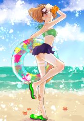 Rule 34 | 10s, 1girl, beach, blush, brown hair, cloud, crab, day, flip-flops, goggles, gradient background, highres, joi kun (senzai hiyori), kantai collection, oboro (kancolle), ocean, outdoors, sandals, sky, solo, spray, standing, standing on one leg, starfish, tan, tanline, water