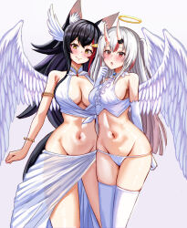 Rule 34 | 2girls, animal ears, arm behind back, armlet, bare shoulders, black hair, blush, bracelet, breasts, cleavage, closed mouth, crop top, elbow gloves, fang, feathered wings, gloves, gradient hair, grey background, grey hair, groin, hair ornament, hairclip, halo, highres, hololive, horns, jewelry, large breasts, long hair, looking at viewer, multicolored hair, multiple girls, nakiri ayame, navel, nootomo, ookami mio, open mouth, panties, red eyes, sarong, see-through, simple background, skin-covered horns, sleeveless, smile, stomach, streaked hair, tail, thighhighs, two-tone hair, underwear, very long hair, virtual youtuber, white gloves, white panties, white thighhighs, white wings, wings, wolf ears, wolf girl, wolf tail, yellow eyes