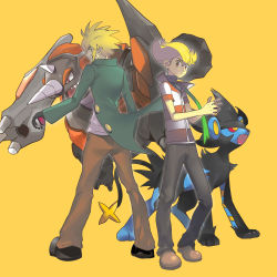 Rule 34 | 2boys, absurdres, barry (pokemon), blonde hair, brown footwear, brown pants, buttons, coat, commentary, creatures (company), father and son, game freak, gen 4 pokemon, gloves, green coat, green scarf, grey pants, highres, hiro (user negm3832), holding, holding poke ball, jacket, luxray, male focus, multiple boys, nintendo, open clothes, open coat, orange eyes, palmer (pokemon), pants, poke ball, poke ball (basic), pokemon, pokemon (creature), pokemon dppt, rhyperior, scarf, shoes, short hair, short sleeves, standing, striped clothes, striped jacket