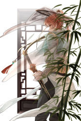 Rule 34 | 1boy, alternate hairstyle, back, brown eyes, brown hair, chinese clothes, closed mouth, highres, holding, holding sword, holding weapon, jingsang w, long hair, long sleeves, looking at viewer, looking back, luke pearce (tears of themis), sheath, sheathed, simple background, solo, sword, tears of themis, weapon, white background