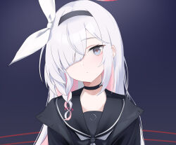 Rule 34 | 1girl, absurdres, black background, black choker, black coat, black hairband, black sailor collar, blue archive, braid, choker, closed mouth, coat, colored inner hair, commentary, grey eyes, hair over one eye, hair ribbon, hairband, highres, k 0art, long hair, looking at viewer, multicolored hair, neckerchief, one eye covered, open clothes, open coat, pink hair, plana (blue archive), ribbon, sailor collar, side braid, simple background, solo, white hair, white neckerchief, white ribbon