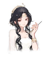 1girl absurdres armlet bead_necklace beads black_hair china_dress chinese_clothes chinese_hairpin crown dress earrings gold_earrings highres jewelry long_hair looking_at_viewer necklace ohkurrva original solo white_background white_dress