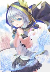 Rule 34 | 1girl, :d, ars almal, atatatatame01, bare shoulders, black skirt, blue eyes, blurry, blurry foreground, book, breasts, cape, commentary, cowboy shot, detached sleeves, frilled skirt, frills, gold trim, hair between eyes, hand up, highres, hood, hooded cape, index finger raised, looking at viewer, looking back, magic, medium breasts, medium hair, nijisanji, open book, open mouth, outstretched hand, sideboob, silver hair, skirt, smile, solo, virtual youtuber, watercraft